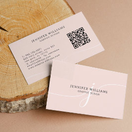 Eleganter Schlicht Blush Pink Script Monogram QR C Visitenkarte