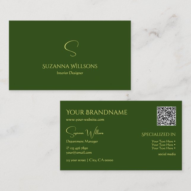 Eleganter Schlicht Forest Green mit Monogram QR Co Visitenkarte (Vorne/Hinten)