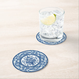 Eleganter, schlichter Blue White Blume Chinoiserie Runder Pappuntersetzer