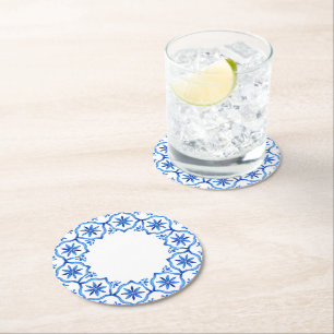 Eleganter, schlichter Blue White Blume Chinoiserie Runder Pappuntersetzer