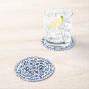 Eleganter, schlichter Blue White Blume Chinoiserie Runder Pappuntersetzer