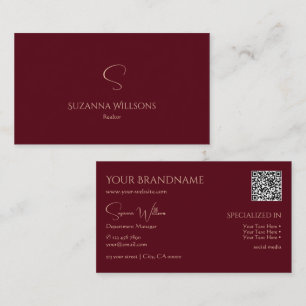 Eleganter Schlichter Weinrot mit Monogramm und QR- Visitenkarte