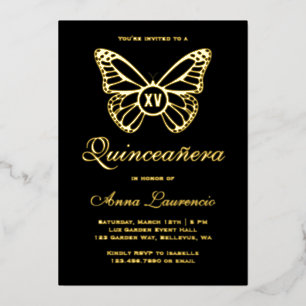 Eleganter Schmetterling in Schwarz und Gold XV Qui Folieneinladung