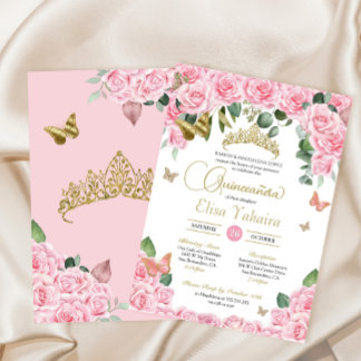 Eleganter Schmetterling Rosa Rose & Gold Quinceane Einladung