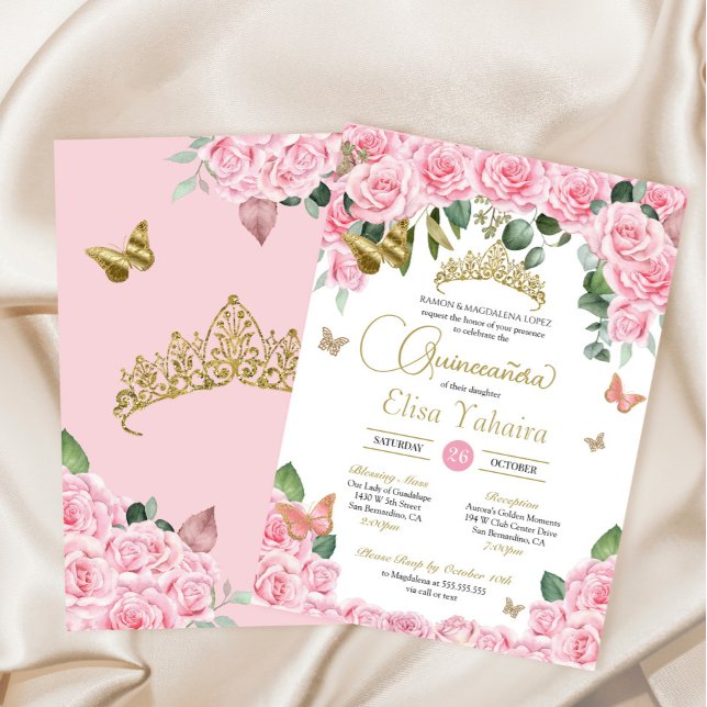 Eleganter Schmetterling Rosa Rose & Gold Quinceane Einladung (Von Creator hochgeladen)