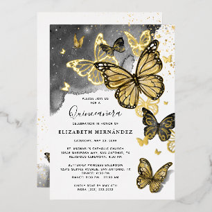 Eleganter Schmetterling Schwarz Quinceanera Echtgo Folieneinladung