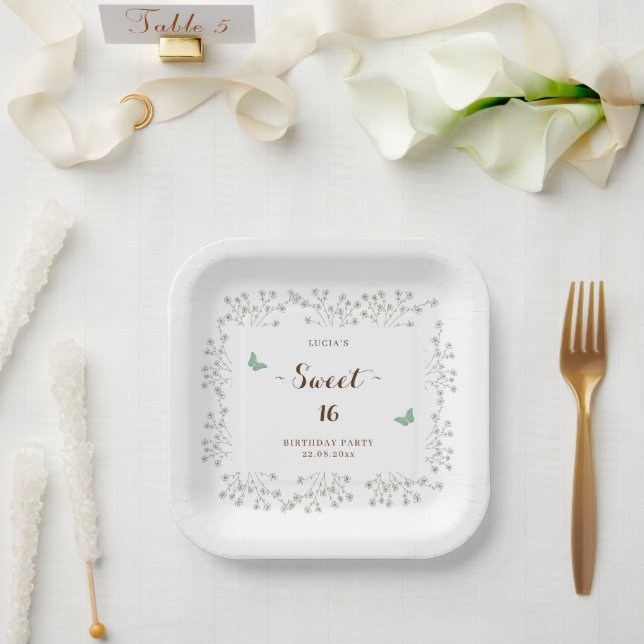 Eleganter Schmetterling und Wildblume Sweet 16 Geb Pappteller (Hochzeit)