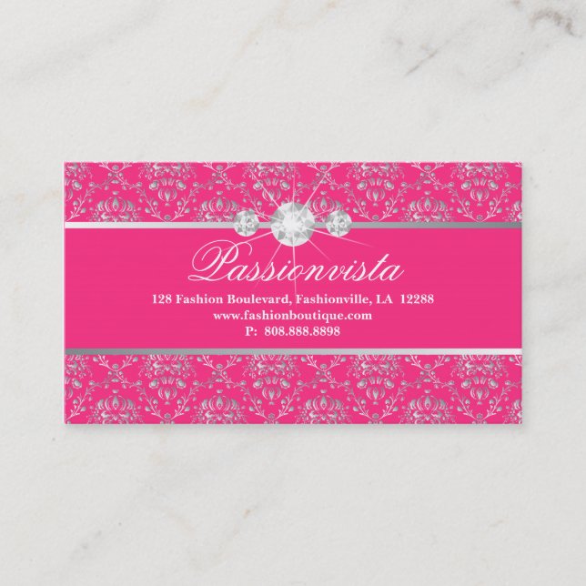 Eleganter Schmuck-Diamant-Silber-Rosa-Damast Visitenkarte (Vorderseite)