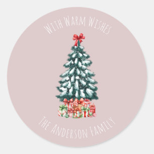 Eleganter Schneebedeckter Weihnachtsbaum Personali Runder Aufkleber