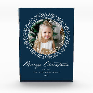 Eleganter Schneeflocken-Kranz Navy Weihnachten Fotoblock
