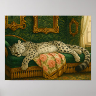 Eleganter Schneeleopard, der auf luxuriöser Chaise Poster