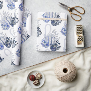 Eleganter schöner Schwan in indigoblauer Aquarellm Geschenkpapier