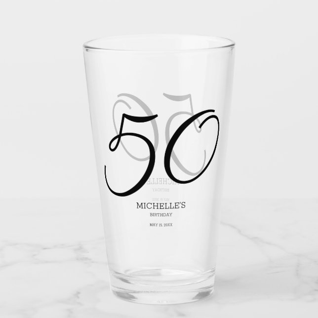 Eleganter Schriftzug Name Datum 50. Geburtstag Glas (Vorderseite)