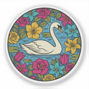 Eleganter Schwan im Blumenweiher - Farbige Naturku Aufkleber