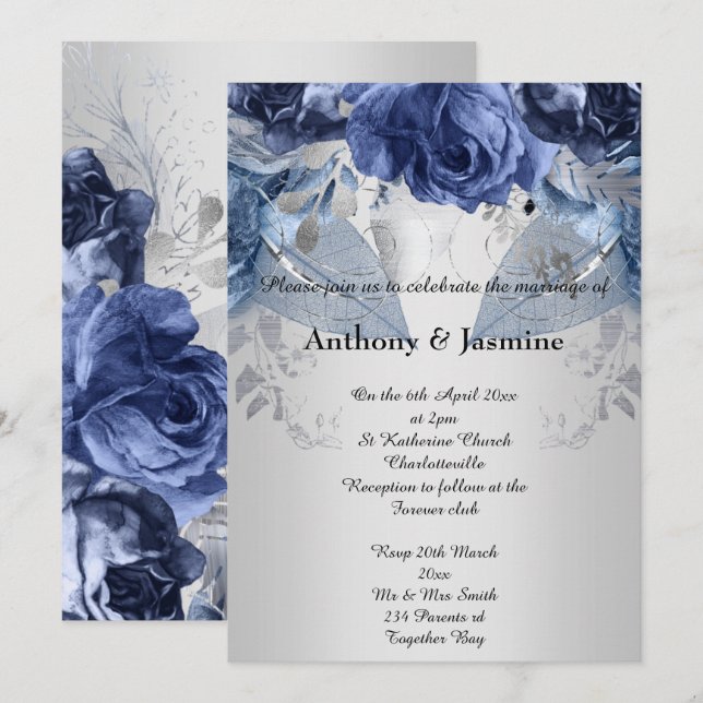 ELEGANTER SCHWANKER-NAVY-ROSE-WEDING-EINLADUNG EINLADUNG (Vorne/Hinten)