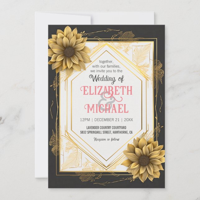 Eleganter Schwarz-Gelb-Hochzeitssonne-Goldrahmen Einladung (Vorderseite)