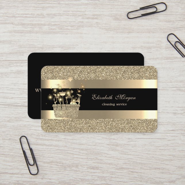 Eleganter, schwarz gestreifter Glitzer Cleanining Visitenkarte (Vorderseite/Rückseite Beispiel)