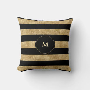 Eleganter Schwarz-Glitzer-Streifen Monogramm Kissen