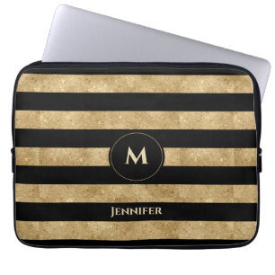 Eleganter Schwarz-Glitzer-Streifen Monogramm Laptopschutzhülle