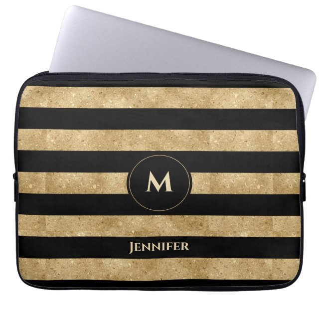 Eleganter Schwarz-Glitzer-Streifen Monogramm Laptopschutzhülle (Vorderseite)