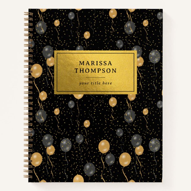 Eleganter Schwarz & Gold-Ballons-Sake Notizbuch (Vorderseite)