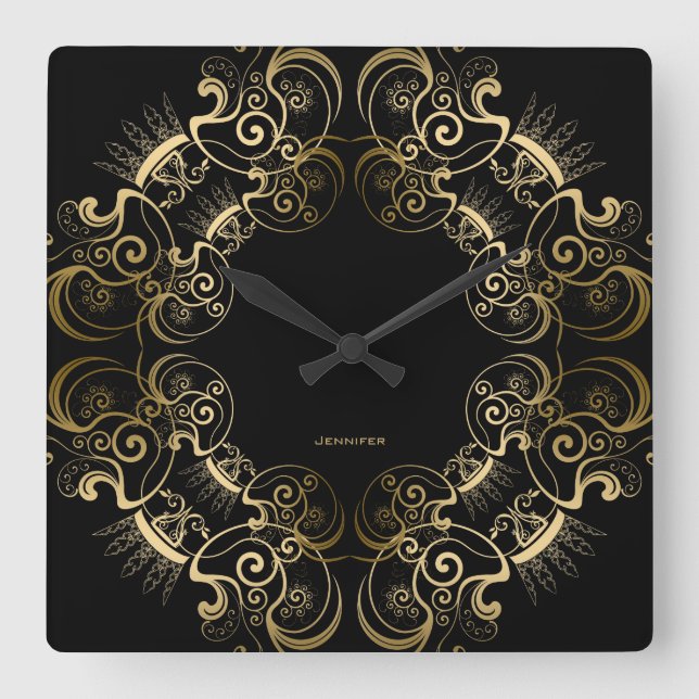 Eleganter Schwarz-Gold-Blumenrahmen Quadratische Wanduhr (Vorderseite)