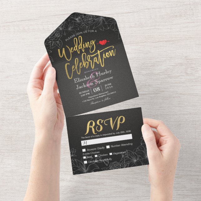 Eleganter Schwarz-Gold-Blütenrahmen Hochzeit RSVP All In One Einladung (Abreißen)