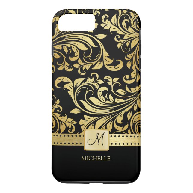 Eleganter Schwarz-Gold-Damast mit Monogramm Case-Mate iPhone Hülle (Rückseite)