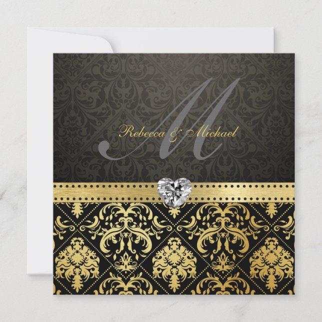 Eleganter Schwarz-Gold-Damast mit Monogramm Einladung (Vorderseite)