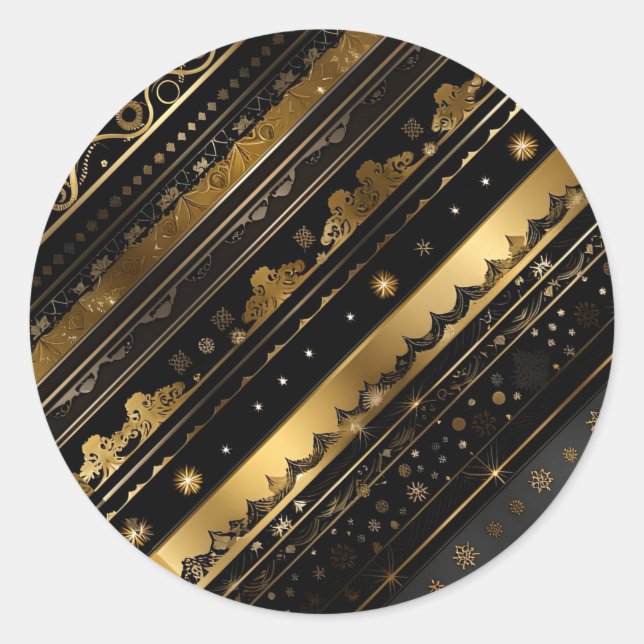 Eleganter Schwarz-Gold-Diagonal gestreift Runder Aufkleber (Vorderseite)