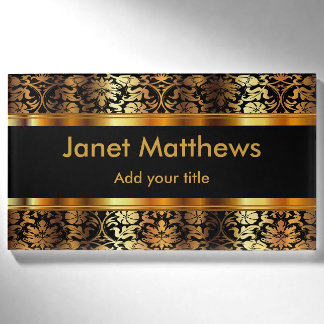 Eleganter Schwarz-Gold-Flora-Damast Namenschild (Vorderseite)