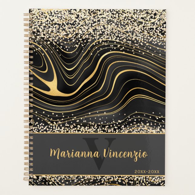 Eleganter Schwarz-Gold Glitzer Planer (Vorderseite)