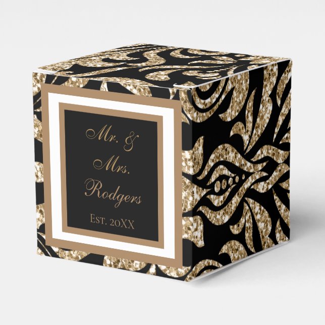 Eleganter Schwarz-Gold-Imitat-Glitzer Hochzeit Geschenkschachtel (Vorderseite)