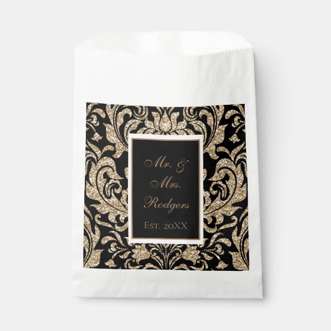 Eleganter Schwarz-Gold-Imitat-Glitzer Hochzeit Geschenktütchen (Vorderseite)