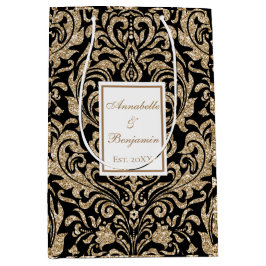 Eleganter Schwarz-Gold-Imitat-Glitzer Hochzeit Mittlere Geschenktüte