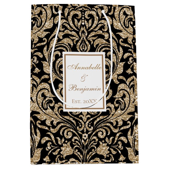 Eleganter Schwarz-Gold-Imitat-Glitzer Hochzeit Mittlere Geschenktüte (Vorderseite)