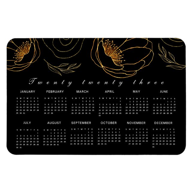 Eleganter Schwarz-Gold-Minimalist 2023-Kalender Magnet (Horizontal)