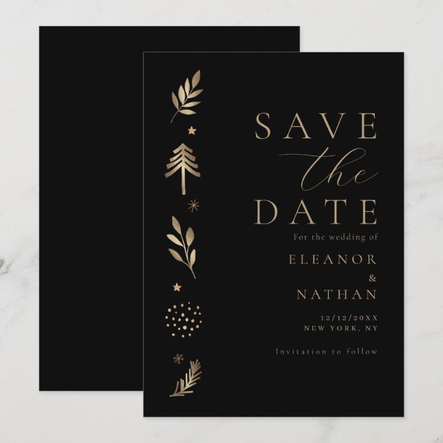 Eleganter Schwarz-Gold-Script Winterurlaub Save The Date (Vorne/Hinten)
