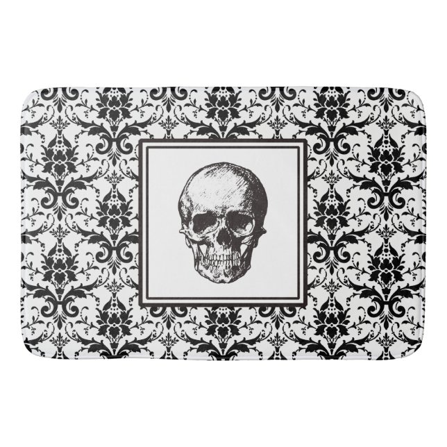 Eleganter schwarz-gotischer Damaskus-Pattern Skull Badematte (Vorderseite)