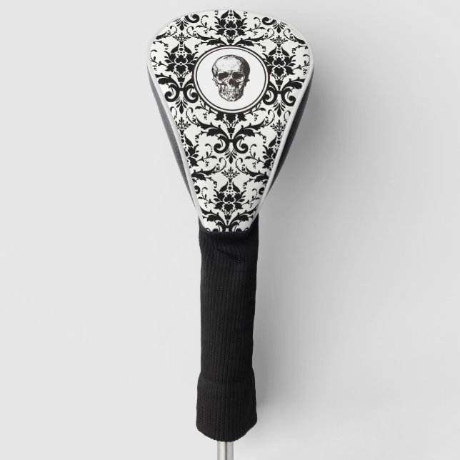 Eleganter schwarz-gotischer Damaskus-Pattern Skull Golf Headcover (Vorderseite)