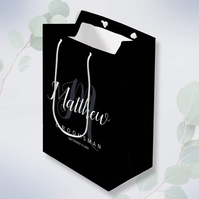 Eleganter Schwarz/Grau Personalisierter Trauzeuge Mittlere Geschenktüte (Von Creator hochgeladen)