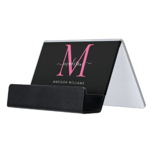 Eleganter Schwarz-Pink-Girly-Monogramm-Skriptname Schreibtisch-Visitenkartenhalter