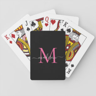 Eleganter Schwarz-Pink-Monogramm Stilschriftname Spielkarten