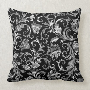 Eleganter Schwarz-Silber-Flora-Damast Kissen