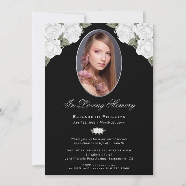 Eleganter Schwarz-Silber-Foto-Gedenkservice Einladung (Vorderseite)