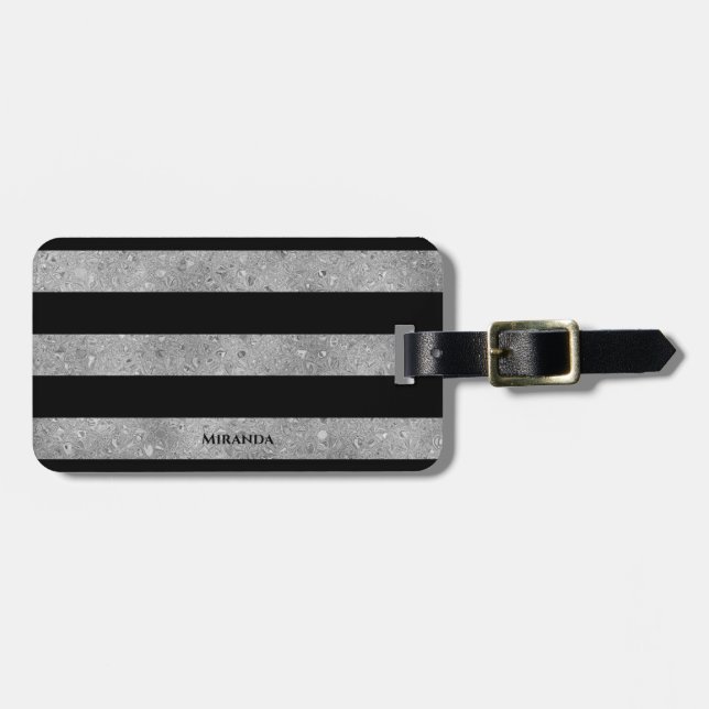 Eleganter Schwarz-Silber-Glitzer gestreift Gepäckanhänger (Vorderseite horizontal)