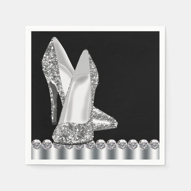 Eleganter Schwarz-Silber-Glitzer High Heel Shoe Serviette (Vorderseite)