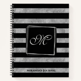 Eleganter Schwarz-Silber-Glitzer Streifen Monogram Notizbuch