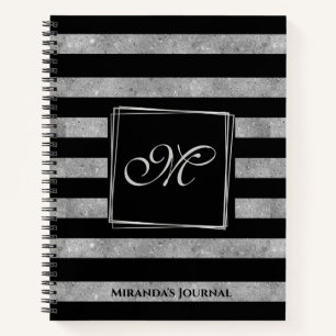 Eleganter Schwarz-Silber-Glitzer Streifen Monogram Notizbuch