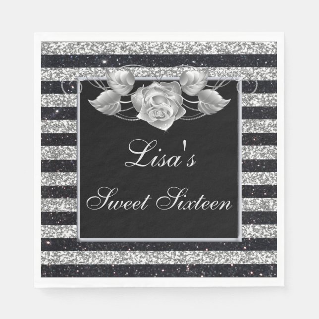 Eleganter Schwarz Silver Glitzer Silver Rose Sweet Serviette (Vorderseite)